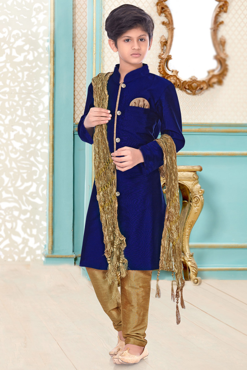 Traditional Boys' Sherwani in Dupion Silk Navy Blue for Sangeet