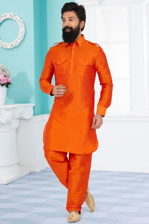 Plain Dupion Silk Orange Men Kurta Pajama