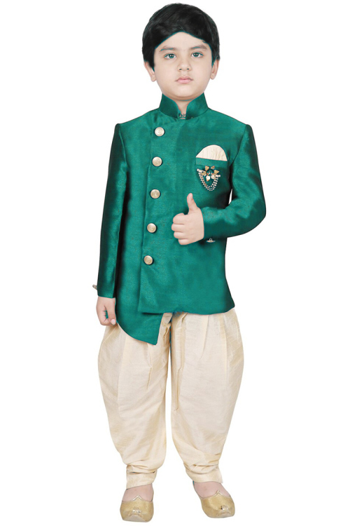 Plain Dupion Silk Peacock Green Kid's Sherwani