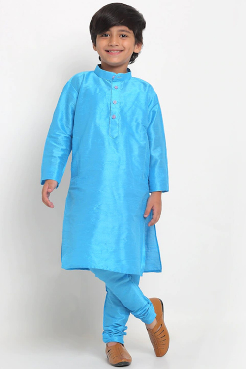 Plain Dupion Silk Sky Blue Kid's Kurta Churidar