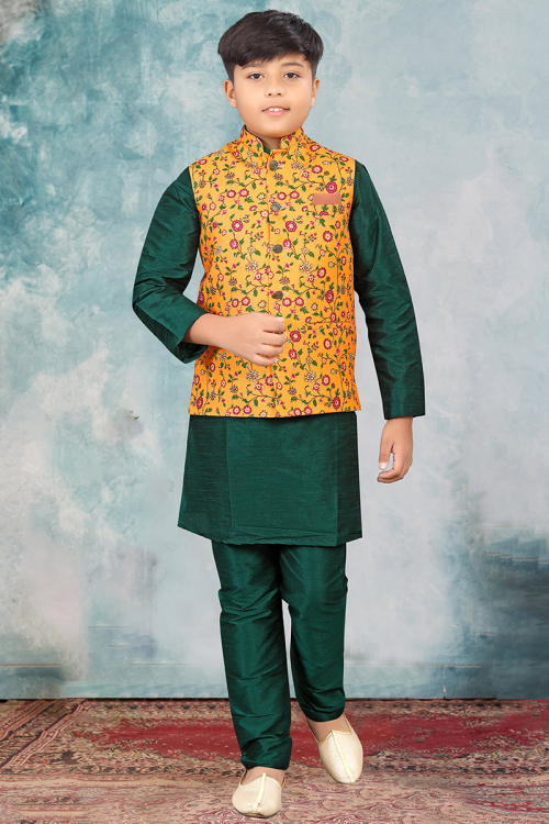 Plain Dupion Silk Teal Green Jacket Style Boy's Kurta Pajama 