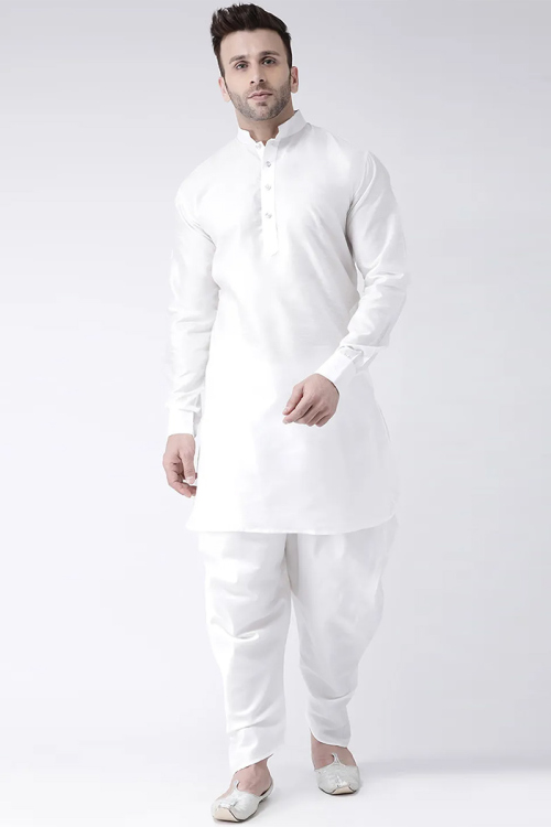 Off White Pathani Wedding Wear Men Kurta Dhoti in Rayon
