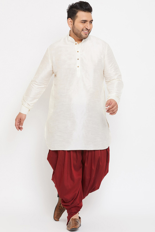 Plain Dupion Silk White Men's Kurta Dhoti