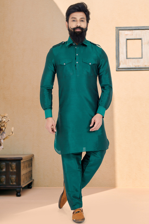 Plain Embroidered Dupion Silk Teal Green Men Kurta Pajama
