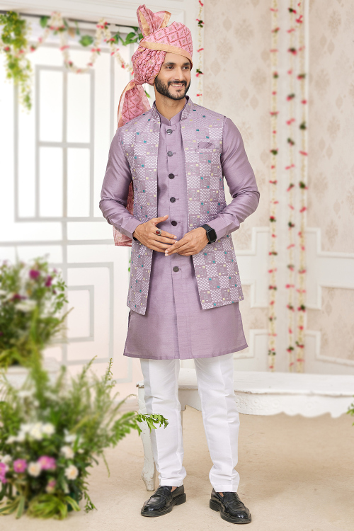 Plain Mauve Art Silk Jacket Style Men's Sherwani 