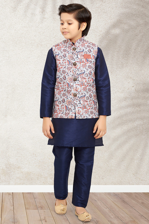 Plain Navy Blue Dupion Silk Jacket Style Boy's Kurta Pajama Set