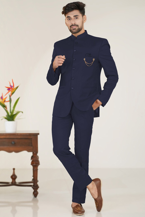 Plain Navy Blue Silk Jodhpuri Style Men's Coat Pant