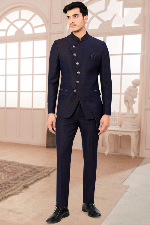 Plain Navy Blue Terry Rayon Jodhpuri Style Men's Coat Pant