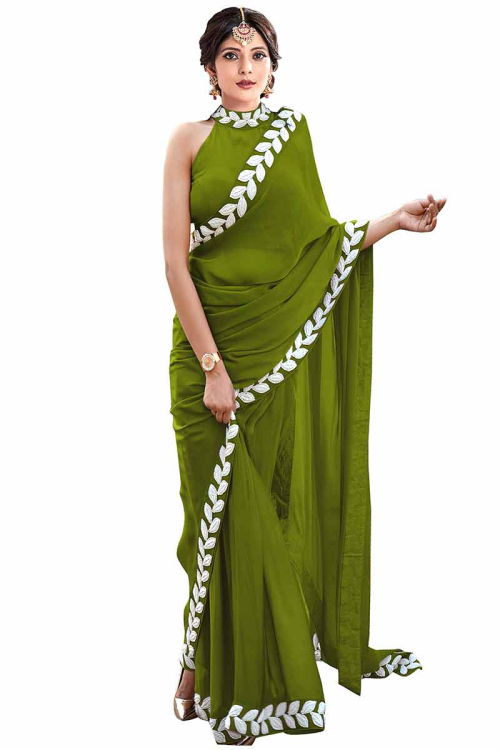 Plain Olive Green Silk Indian Saree