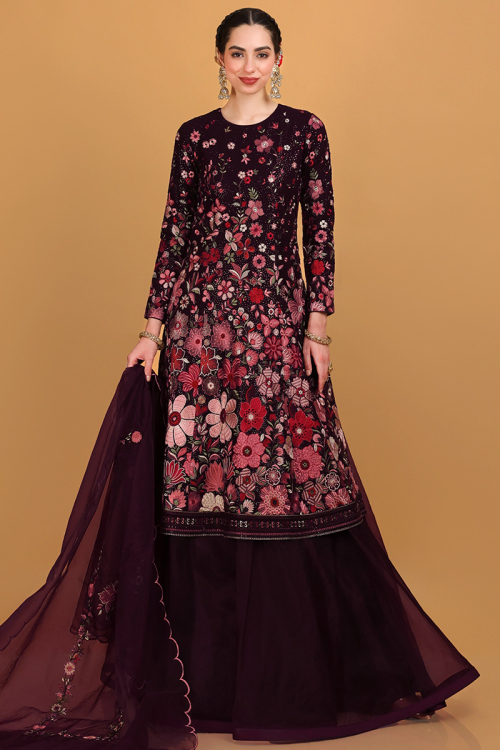 Plain Georgette Plum Purple Wedding Lehenga With Long Choli