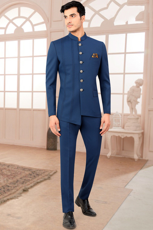 Plain Rayon Prussian Blue Jodhpuri Style Men's Coat Pant