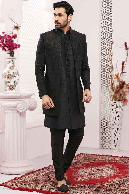 Plain Silk Black Jacket Style Men's Sherwani for Wedding & Party