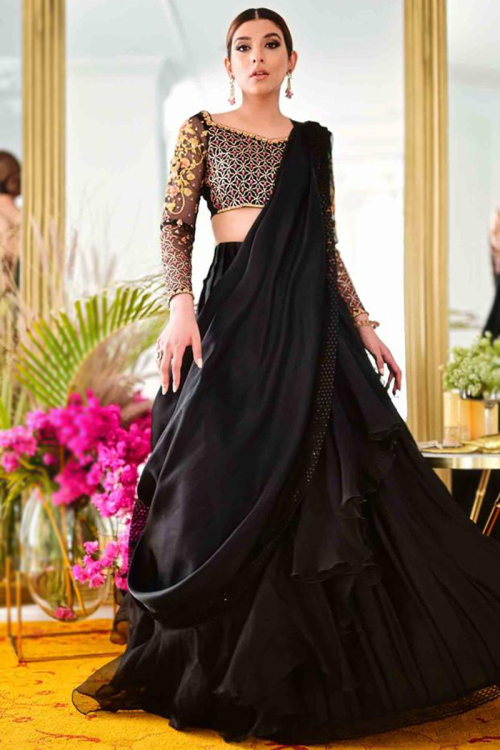 Plain Silk Black Lehenga With Embroidered Blouse