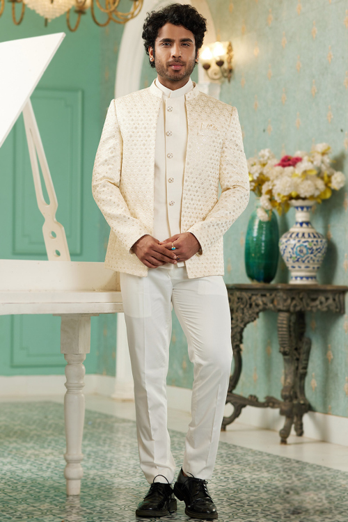Plain Silk Cream Beige Jacket Style Men's Coat Pant