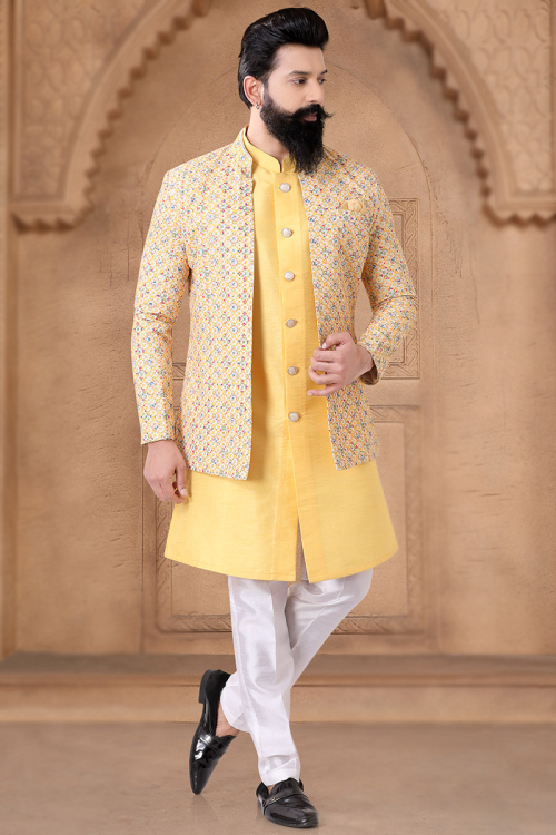 Plain Silk Light Yellow Silk Jacket Style Men's Sherwani