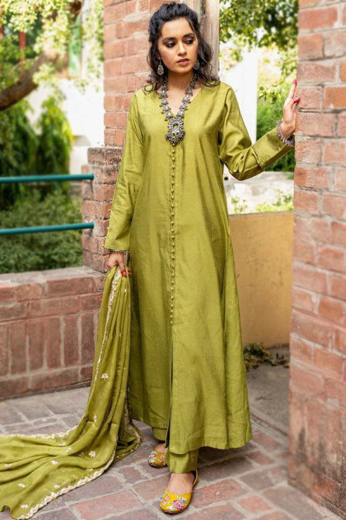 Silk Pear Green Festive Wear Anarkali Suit