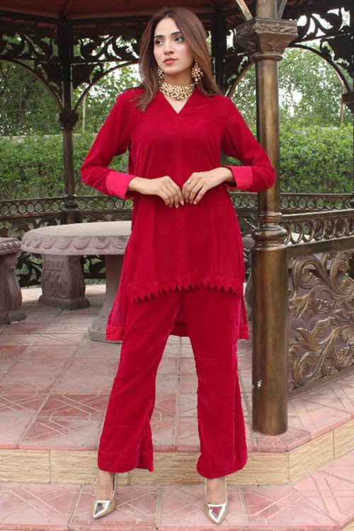 Plain Velvet Cherry Red Pakistani Trouser Style Suit