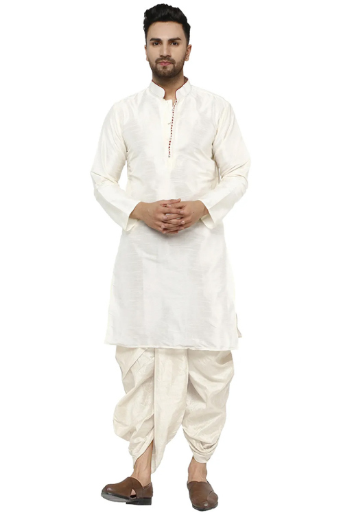 Plain White Dupion Silk Straight Cut Men's Dhoti kurta