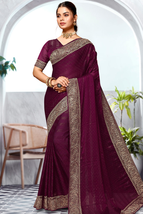 Plum Purple Chiffon Zari Embroidered Shimmer Saree