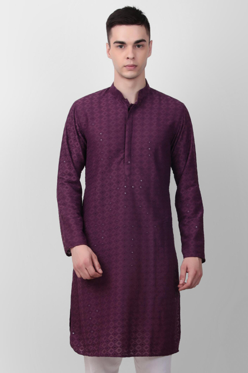 Plum Purple Cotton Chikankari Embroidered Straight Cut Men's Kurta