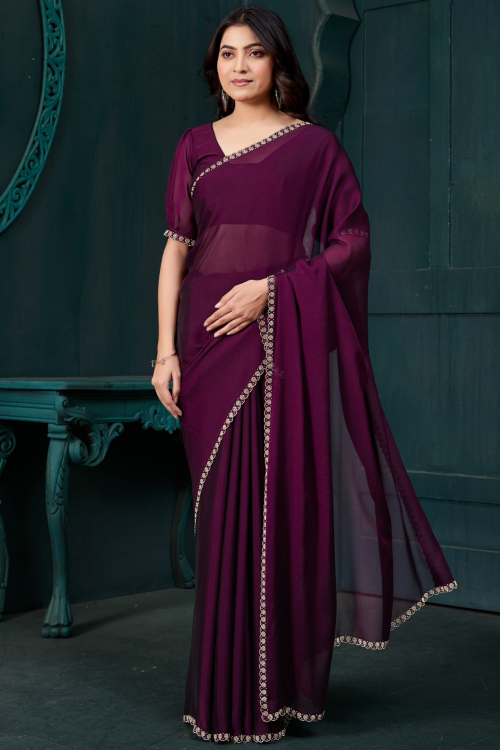 Plum Purple Crepe Saree With Stone Work For Diwali