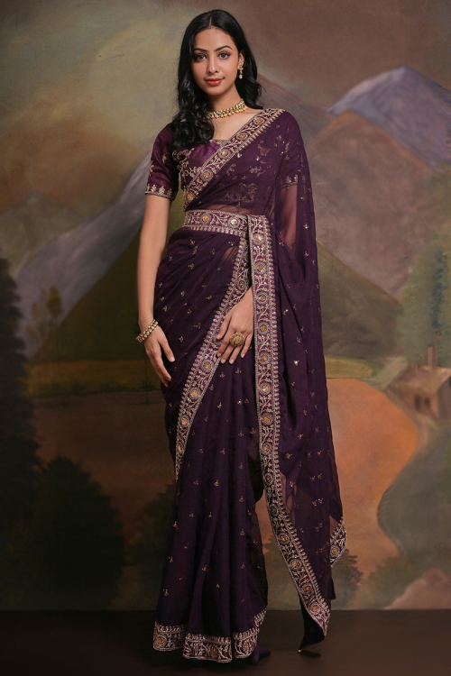 Plum Purple Georgette Embroidered Light Saree for Celebrations