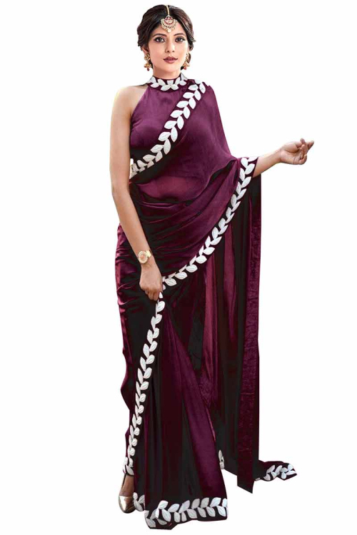 Plum Purple Plain Silk Party Wear Saree