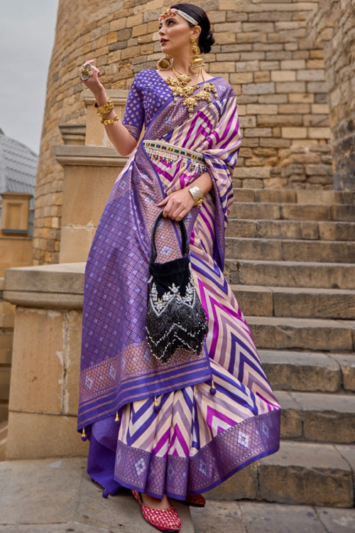 Plum Purple Printed Silk Broad Border Saree