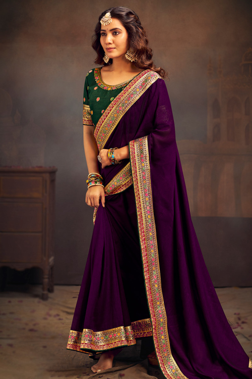 Plum Purple Silk Lace Embroidered Wedding Wear Saree 