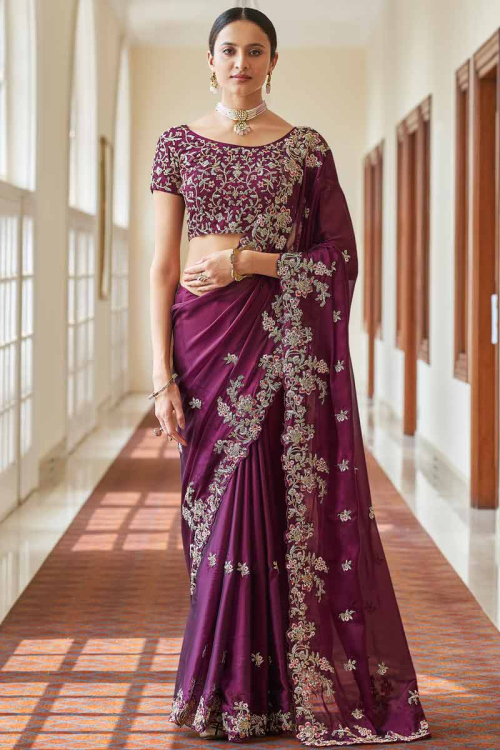 Plum Purple Soft Silk Embroidered Saree for Wedding & Party