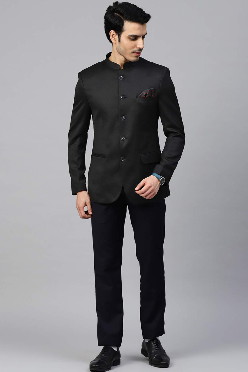 Polyester Black Plain Jodhpuri Style Men's Coat Pant