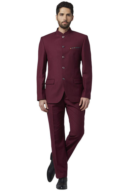 Polyester Burgundy Maroon Plain Jodhpuri Style Men's Coat Pant