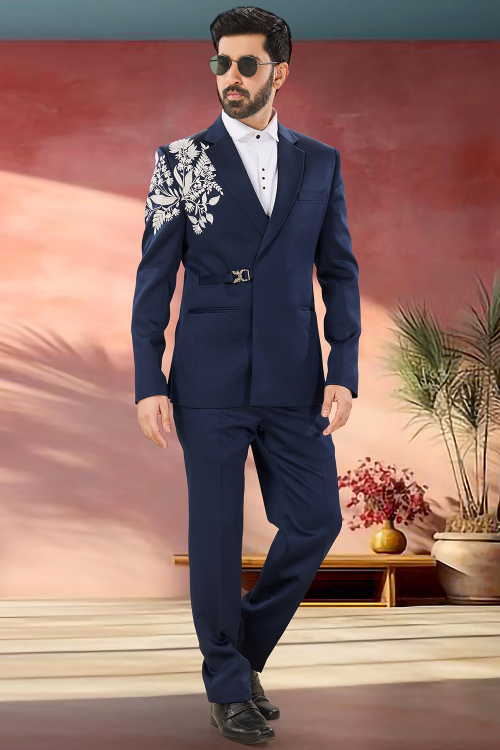 Polyester Navy Blue Blazer Suit with Thread Work