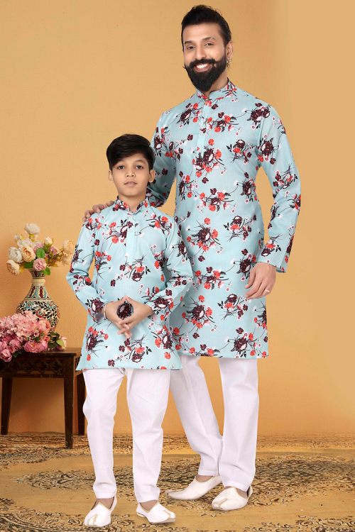 Powder Blue Cotton Printed Father Son Duo Kurta Pajama