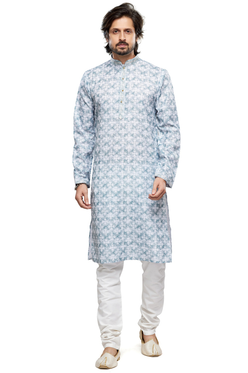 Powder Blue Cotton Printed Straight Cut Men's Kurta With Churidar 