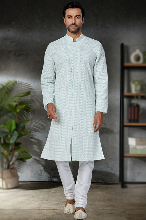 Powder Blue Cotton Resham Thread Embroidered Men's Sherwani
