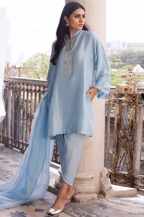 Powder Blue Cotton Silk Embroidered Pakistani Trouser Style Suit