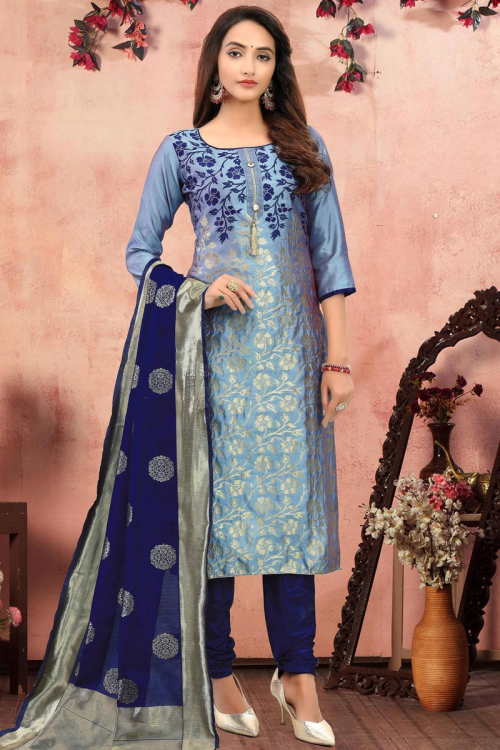Powder Blue Jacquard Embroidered Churidar Suit