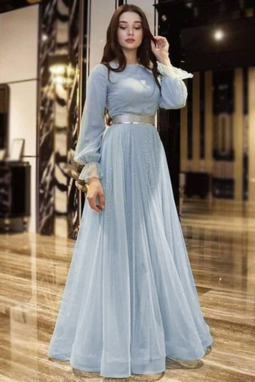Powder Blue Net Embroidered Gown Party Wear Salwar Kameez