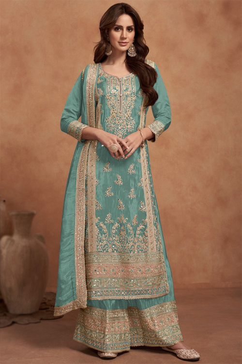 Powder Blue Silk Embroidered Straight Cut Palazzo Suit
