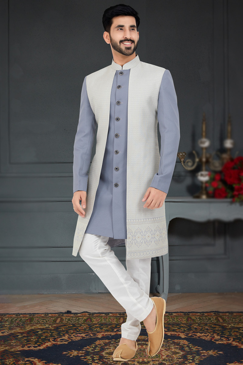 Powder Blue Silk Men's Jacket Style Sherwani