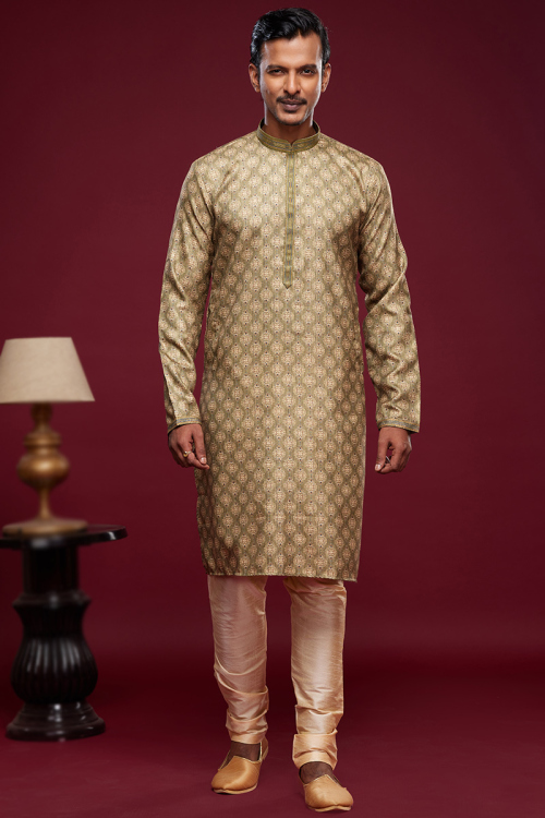 Printed Art Silk Olive Green Side Slit Men's Kurta Churidar 