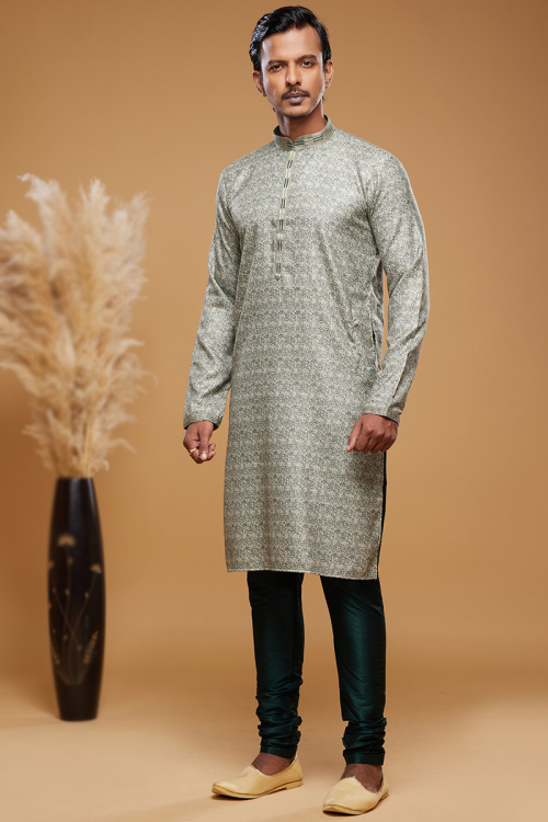 Printed Art Silk Side Slit Men's Kurta Churidar In Off-White 