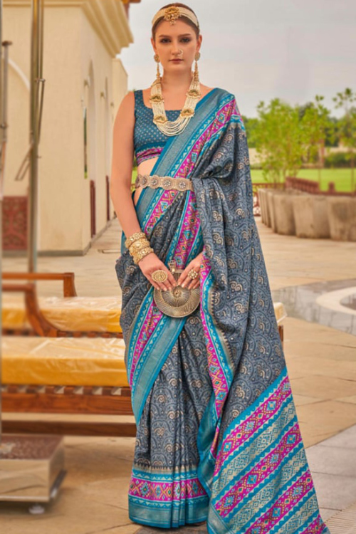 Printed Bluish Grey Silk Broad Border Saree
