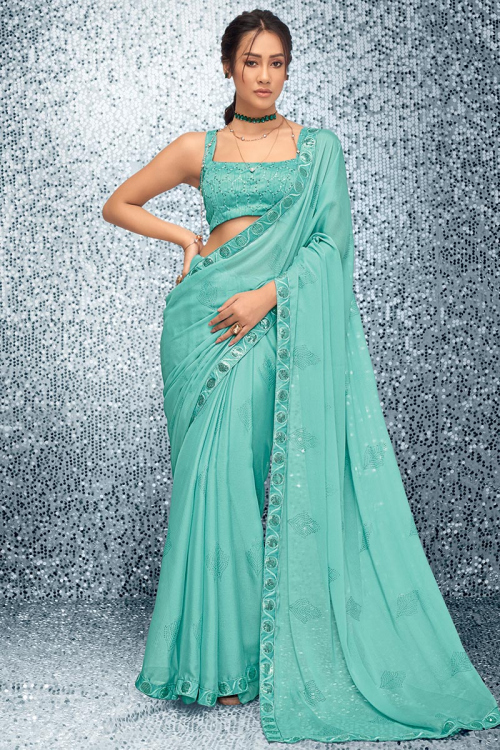 Printed Chiffon Turquoise Blue Saree