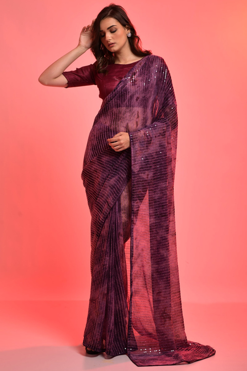 Printed Chiffon Wine Saree