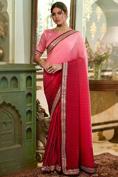 Printed Chinnon Pink Ombre Saree
