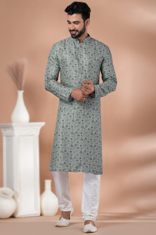 Printed Cotton Greenish Grey Straight Cut Men's Kurta With Churidar