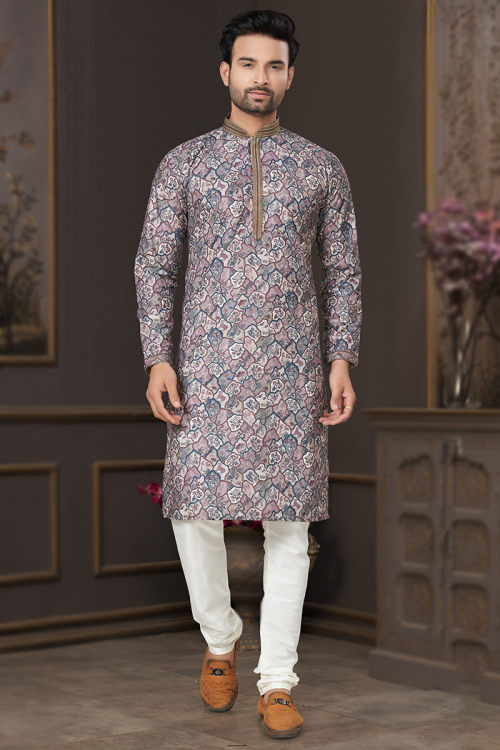 Printed Cotton Dusty Mauve Men's Straight Cut Kurta Churidar 
