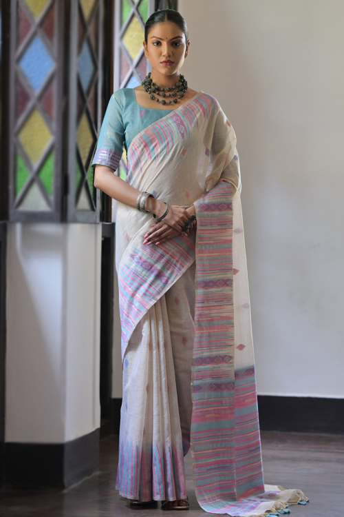 Printed Cotton Light Weight Off White Saree